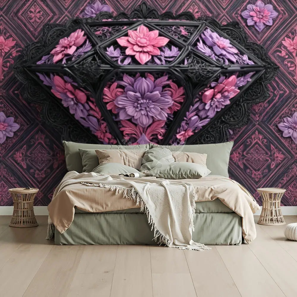Large 3D Floral Diamond Unpasted Mural Wallpaper 144’’x100’’ - 144’’x100’’ - Wall Coverings
