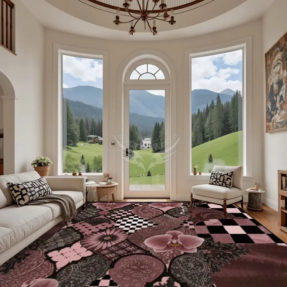 Large Area Rug Floor Carpet (4:3) Abstract Mahogany Checks and Floral 144’’x108’’ Rugs & Mats