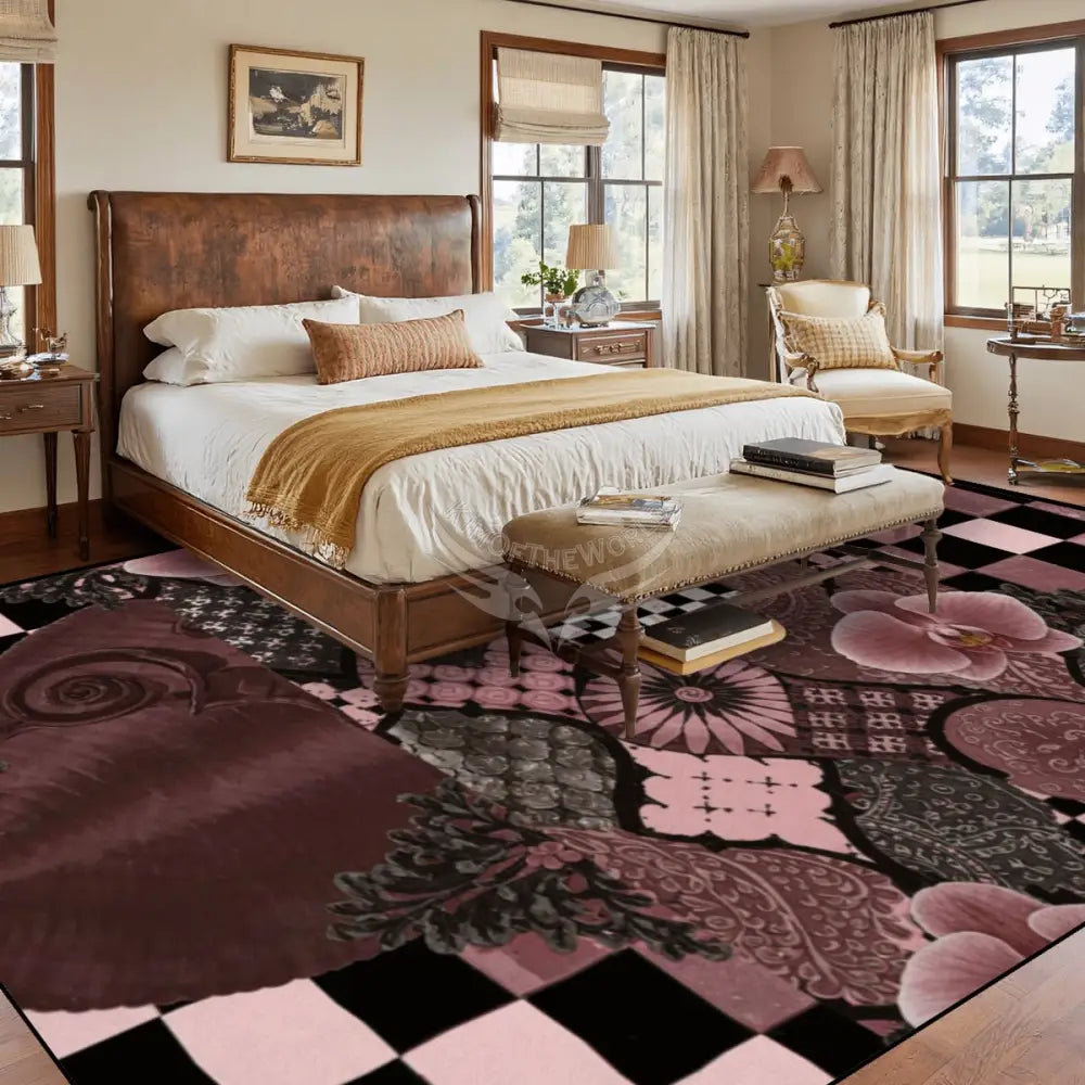 Large Area Rug Floor Carpet (4:3) Abstract Mahogany Checks and Floral 144’’x108’’ Rugs & Mats
