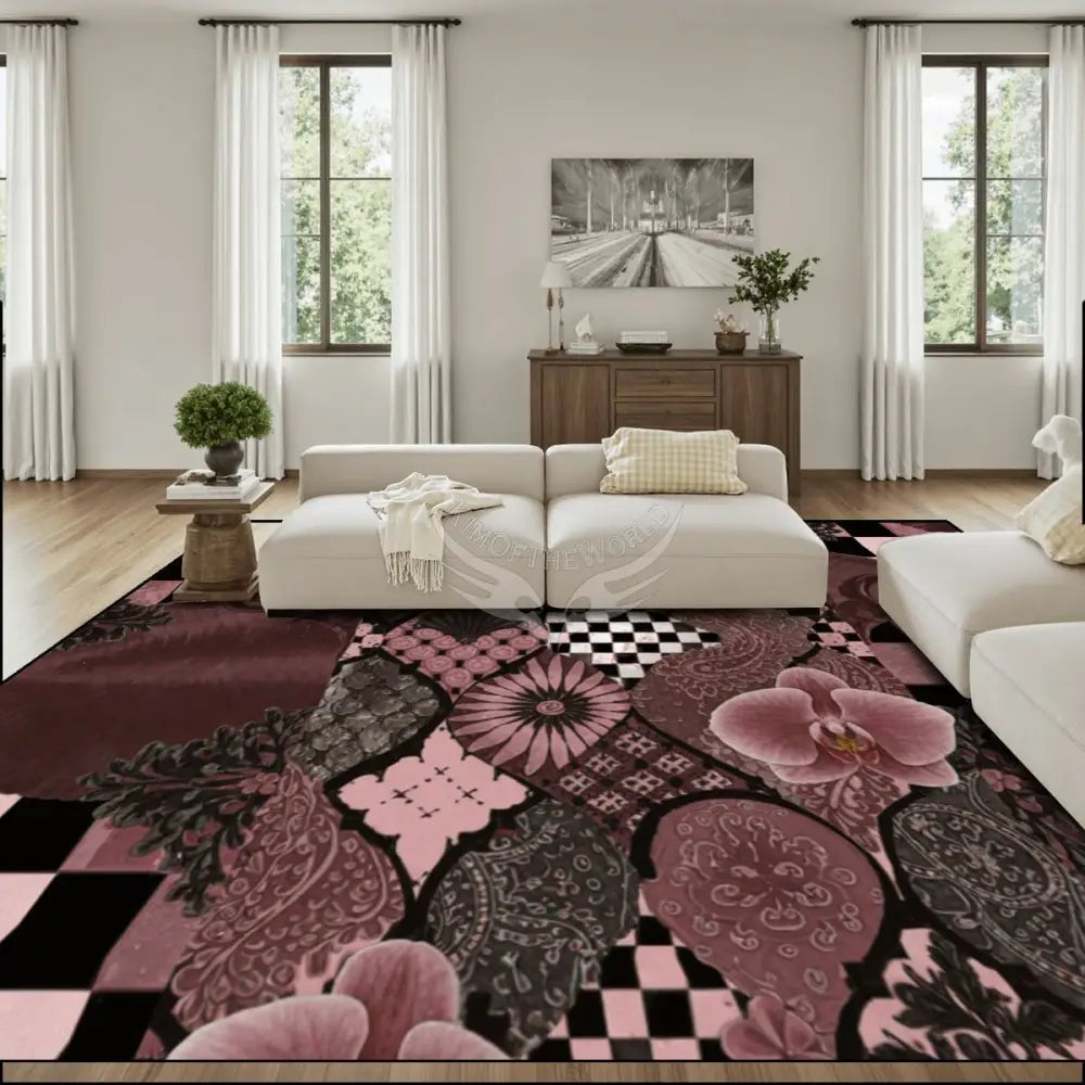 Large Area Rug Floor Carpet (4:3) Abstract Mahogany Checks and Floral 144’’x108’’ Rugs & Mats
