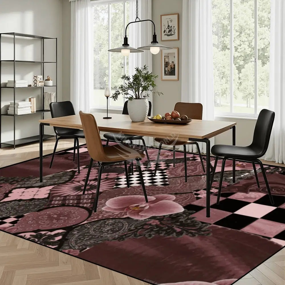 Large Area Rug Floor Carpet (4:3) Abstract Mahogany Checks and Floral 144’’x108’’ Rugs & Mats