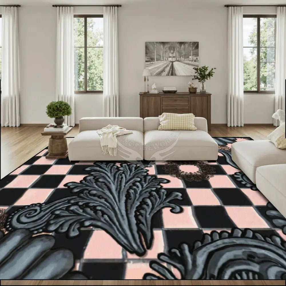 Large Area Rug Floor Carpet (4:3) - Gunmetal and Dusty Pink Checks 144’’x108’’ Rugs & Mats