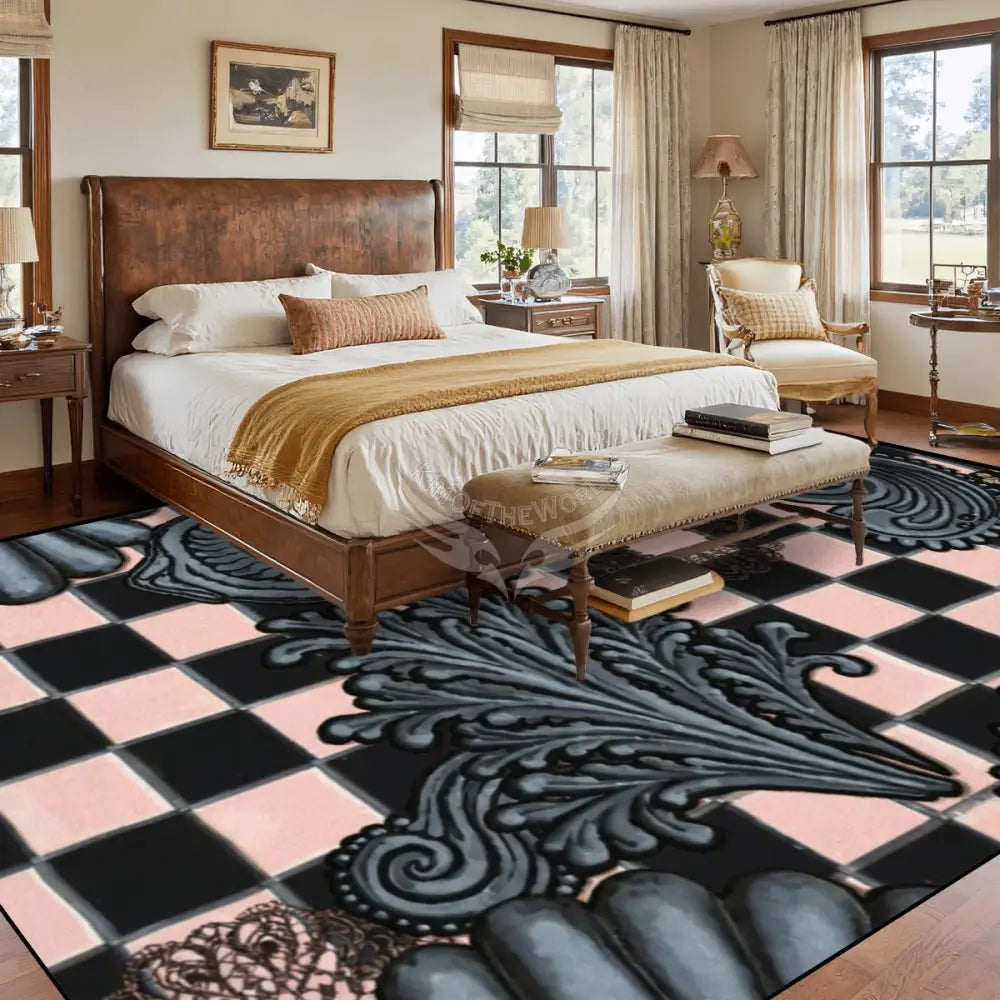 Large Area Rug Floor Carpet (4:3) - Gunmetal and Dusty Pink Checks 144’’x108’’ Rugs & Mats