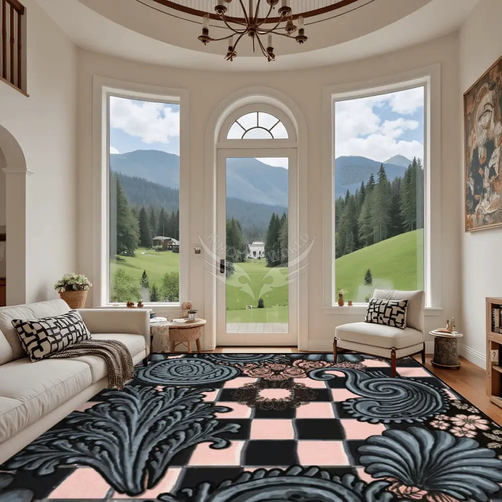 Large Area Rug Floor Carpet (4:3) - Gunmetal and Dusty Pink Checks 144’’x108’’ Rugs & Mats