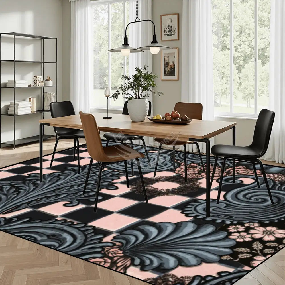 Large Area Rug Floor Carpet (4:3) - Gunmetal and Dusty Pink Checks 144’’x108’’ Rugs & Mats