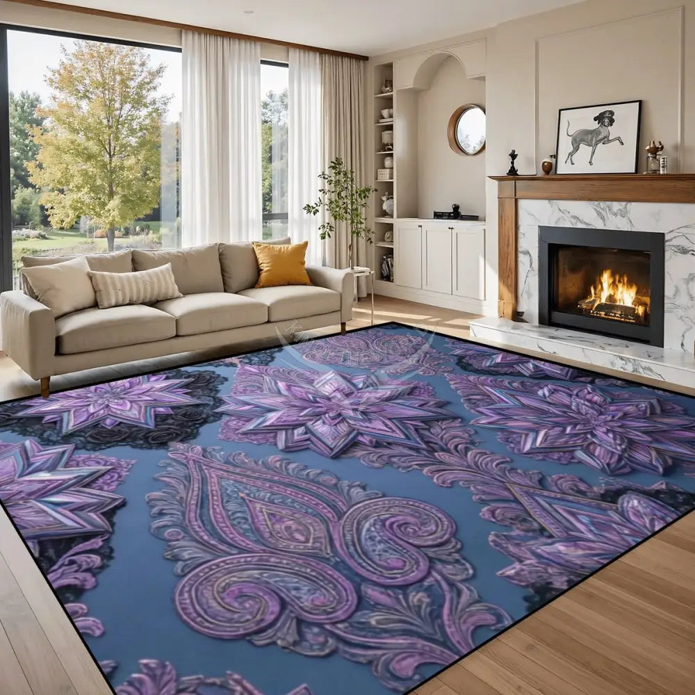 Large Area Rug Floor Carpet (5:4) Blue and Purple 3D Floral Stars 120’’x96’’ Rugs & Mats