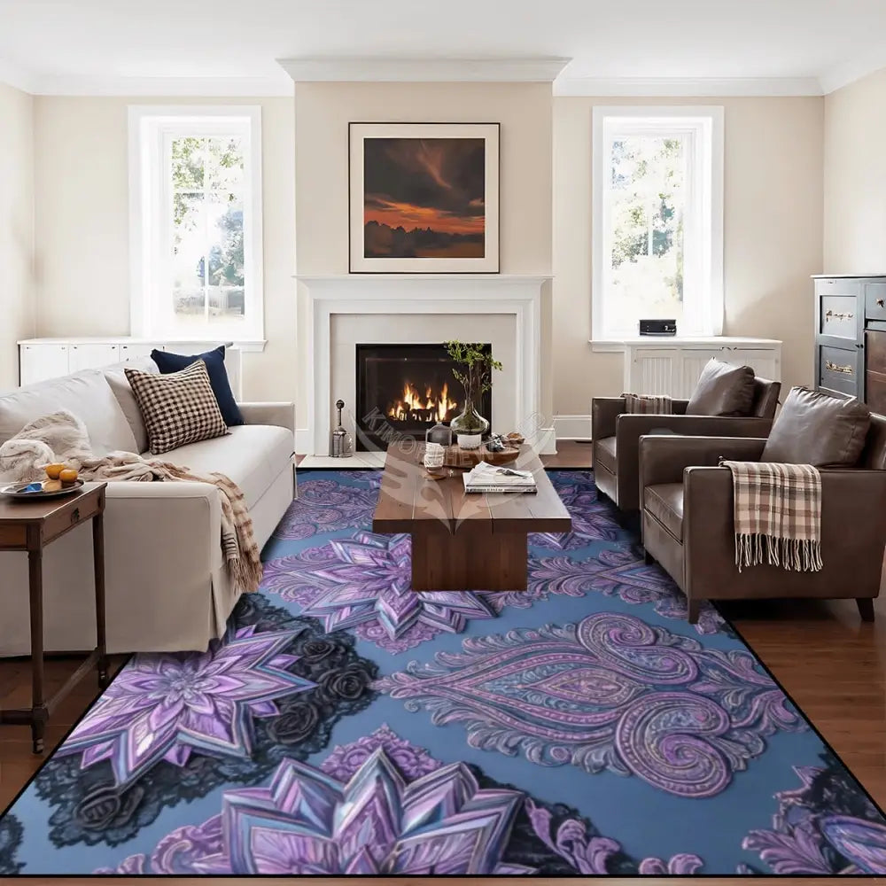 Large Area Rug Floor Carpet (5:4) Blue and Purple 3D Floral Stars 120’’x96’’ Rugs & Mats