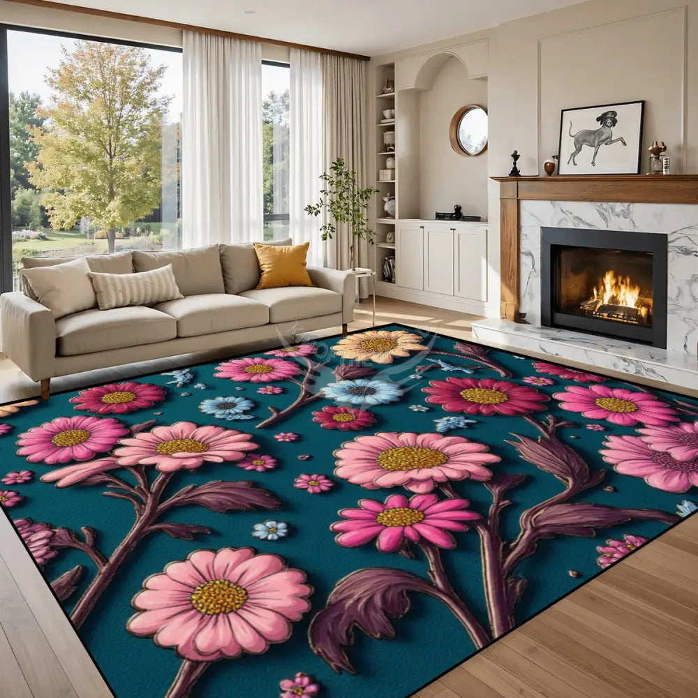 Large Area Rug Floor Carpet (5:4) 3D Floral on Dark Teal 120’’x96’’ Rugs & Mats
