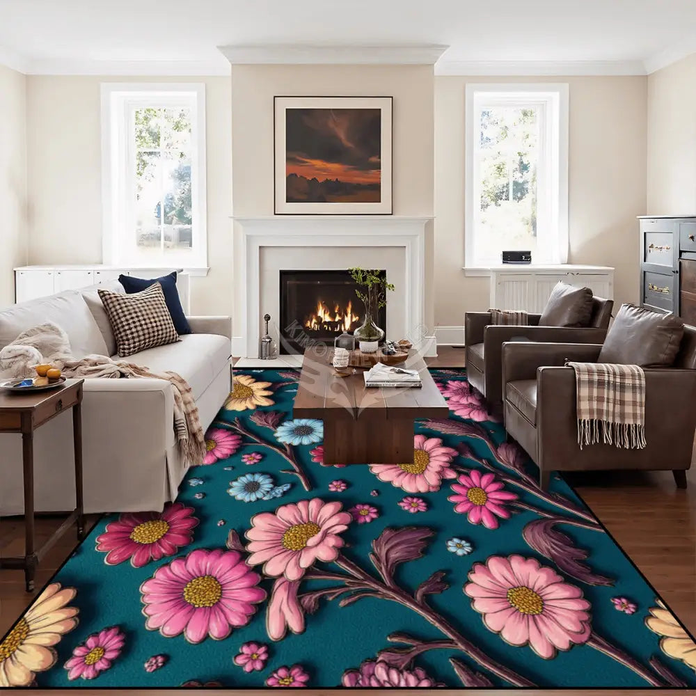 Large Area Rug Floor Carpet (5:4) 3D Floral on Dark Teal 120’’x96’’ Rugs & Mats