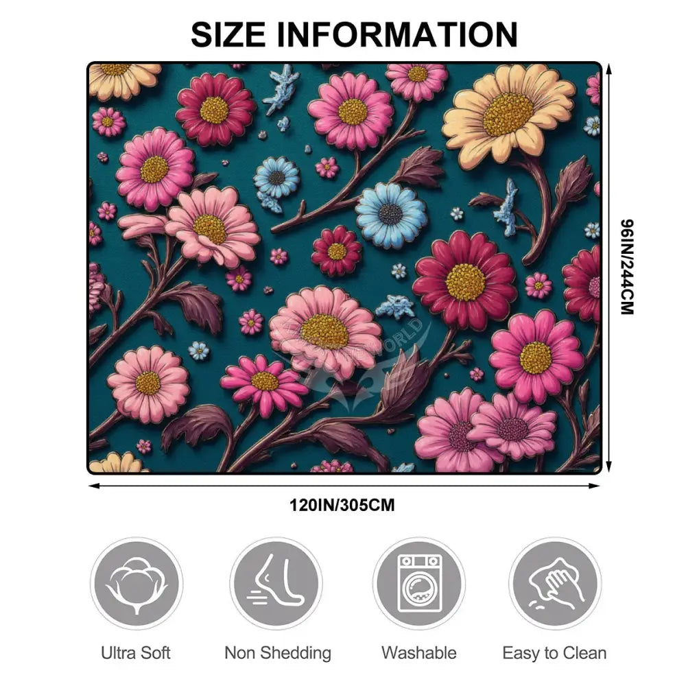 Large Area Rug Floor Carpet (5:4) 3D Floral on Dark Teal 120’’x96’’ Rugs & Mats