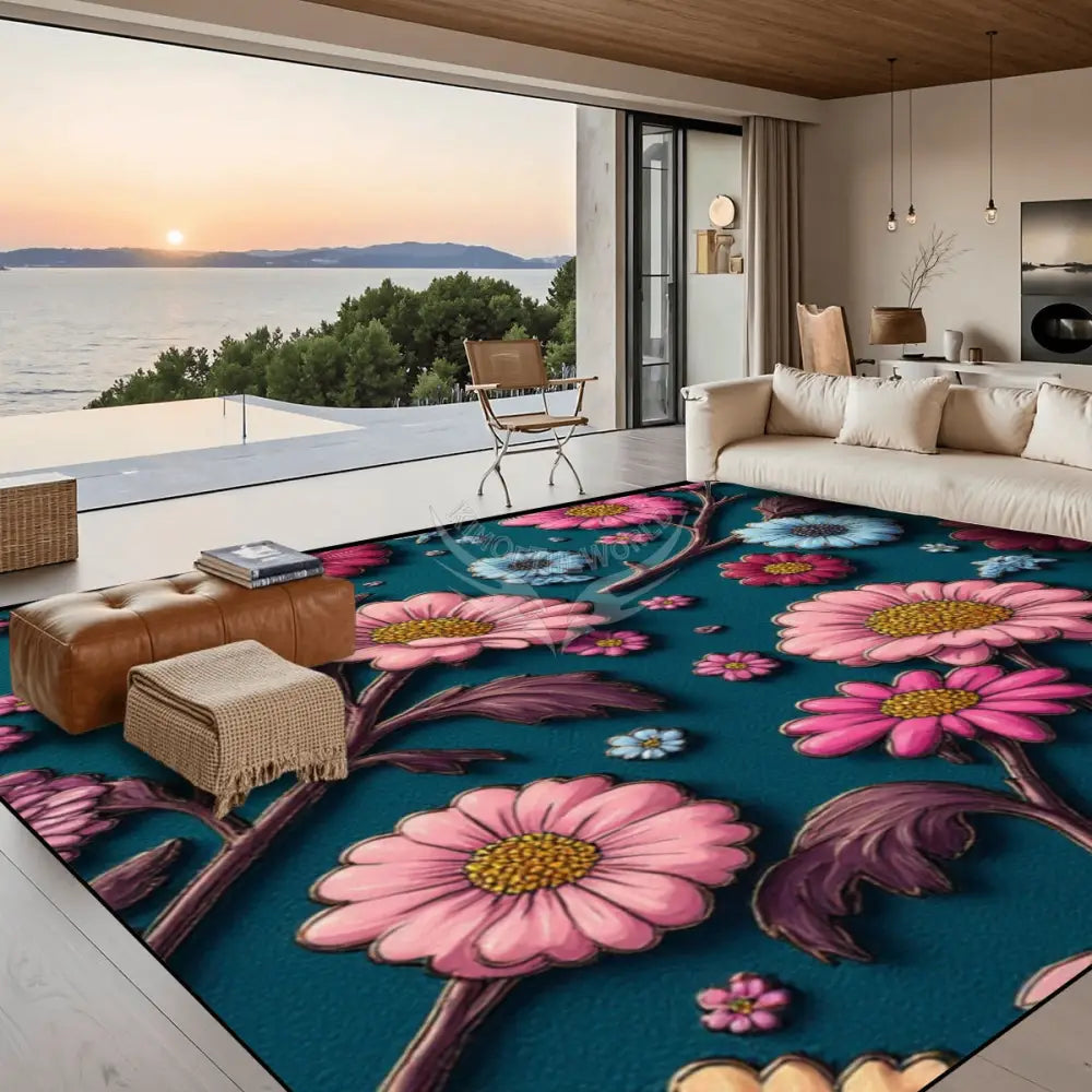 Large Area Rug Floor Carpet (5:4) 3D Floral on Dark Teal 120’’x96’’ Rugs & Mats
