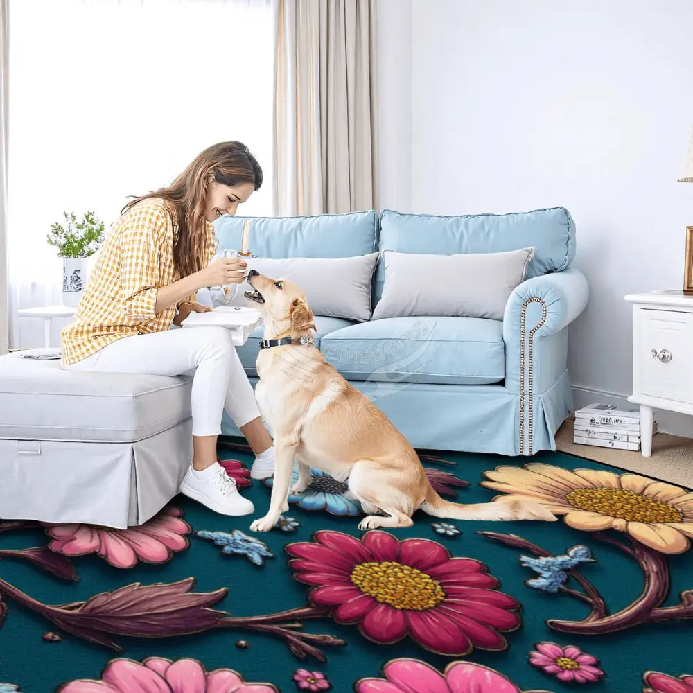 Large Area Rug Floor Carpet (5:4) 3D Floral on Dark Teal 120’’x96’’ Rugs & Mats