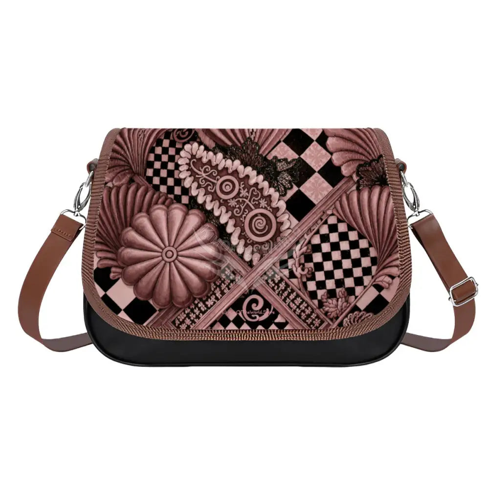 Leather Shoulder Bag - 3D Rose Gold Shells and Chex One Size Satchel