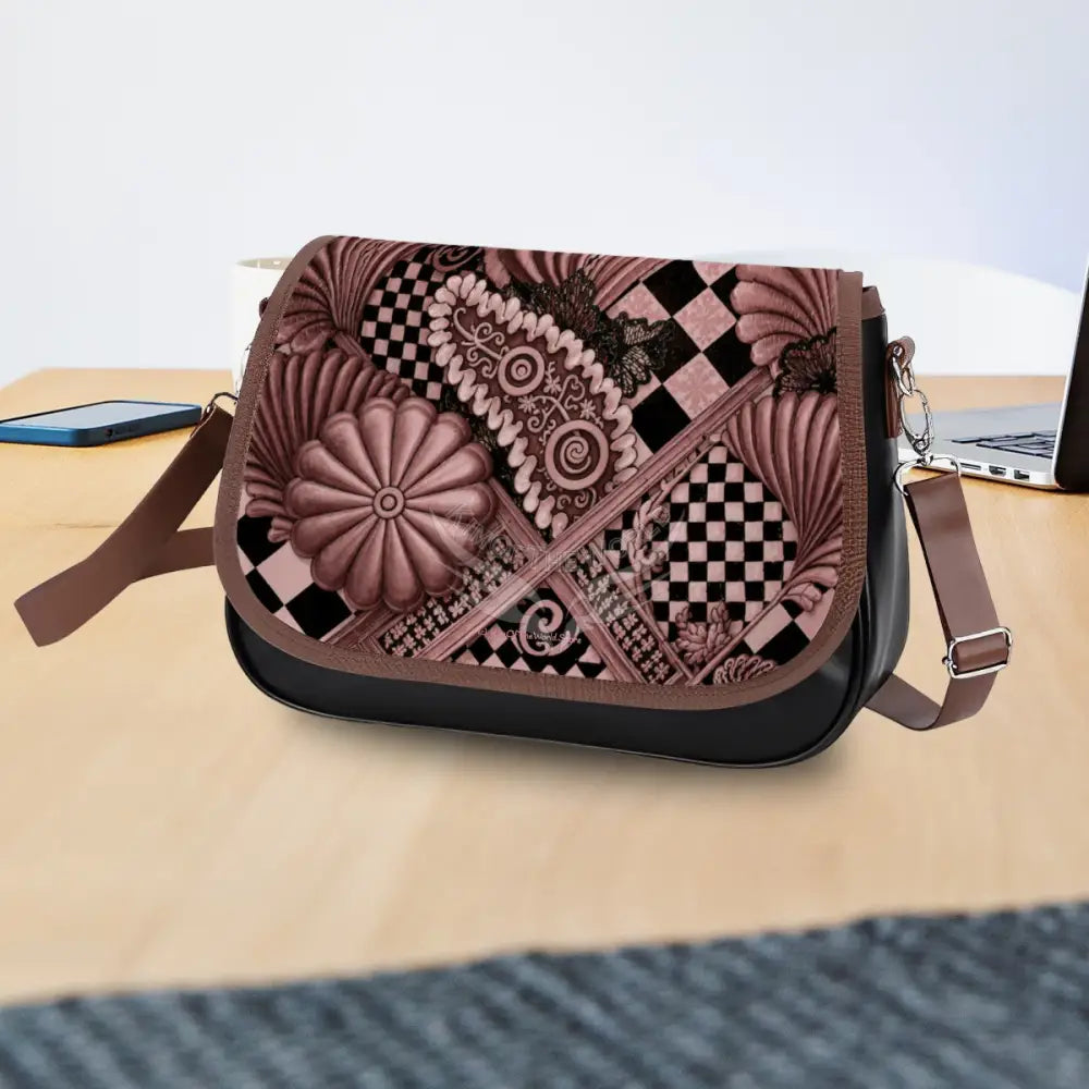 Leather Shoulder Bag - 3D Rose Gold Shells and Chex One Size Satchel