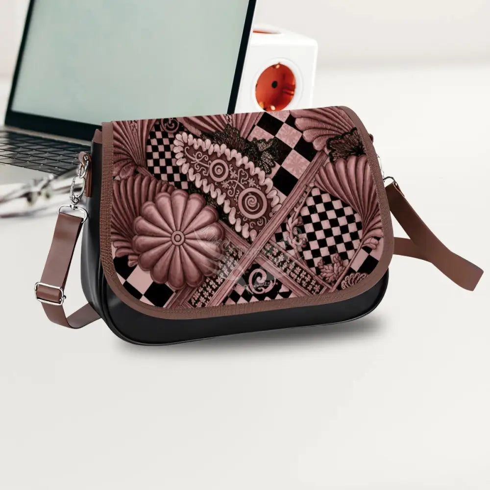 Leather Shoulder Bag - 3D Rose Gold Shells and Chex One Size Satchel