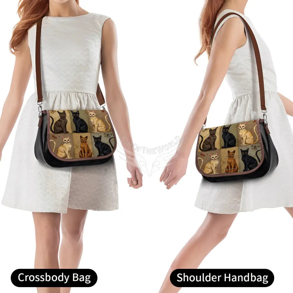 Leather Shoulder Bag - Beige and Black Cat Box Print One Size Satchel
