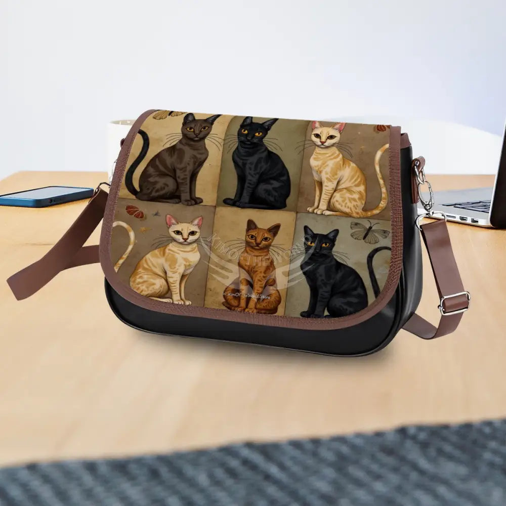 Leather Shoulder Bag - Beige and Black Cat Box Print One Size Satchel