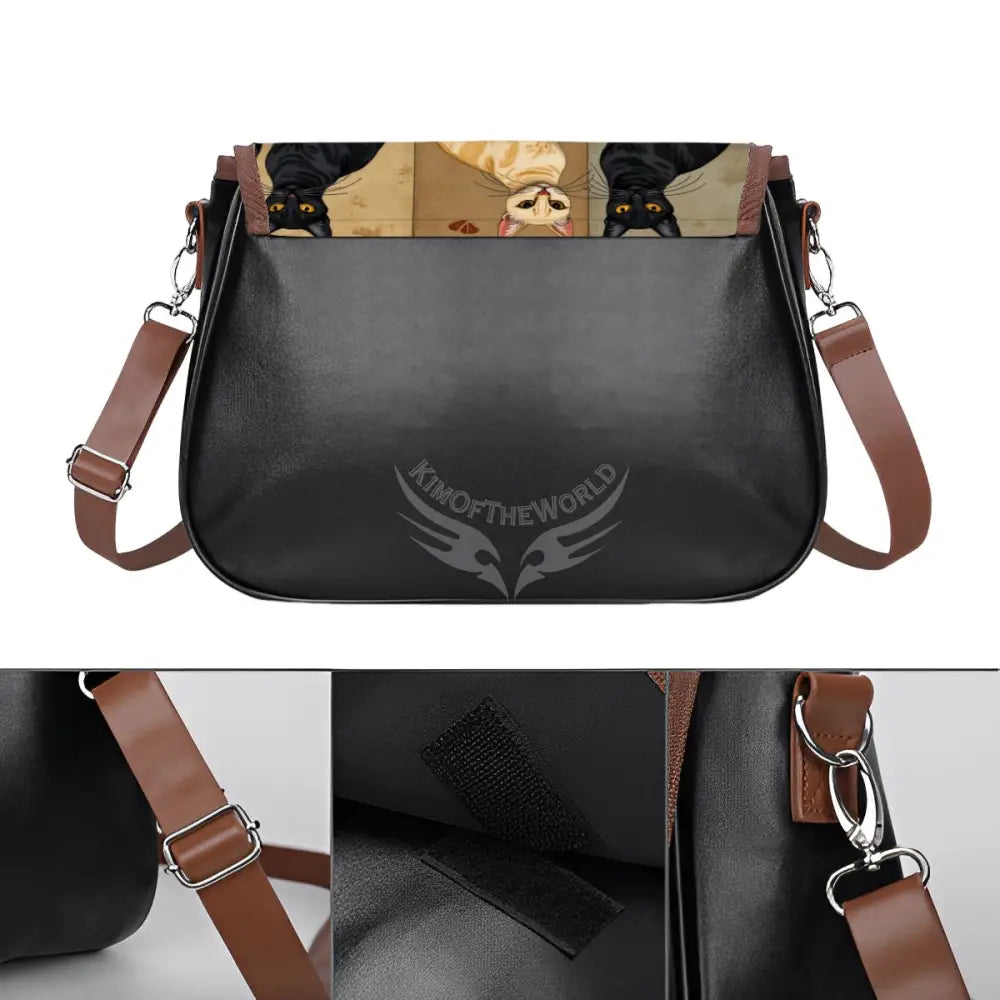 Leather Shoulder Bag - Beige and Black Cat Box Print One Size Satchel