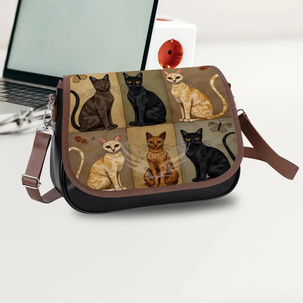 Leather Shoulder Bag - Beige and Black Cat Box Print One Size Satchel