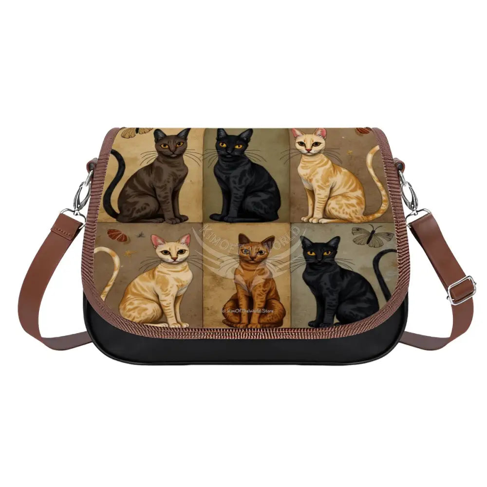 Leather Shoulder Bag - Beige and Black Cat Box Print One Size Satchel