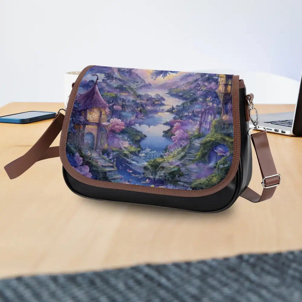 Leather Shoulder Bag - Blue and Purple Fantasy River One Size Satchel