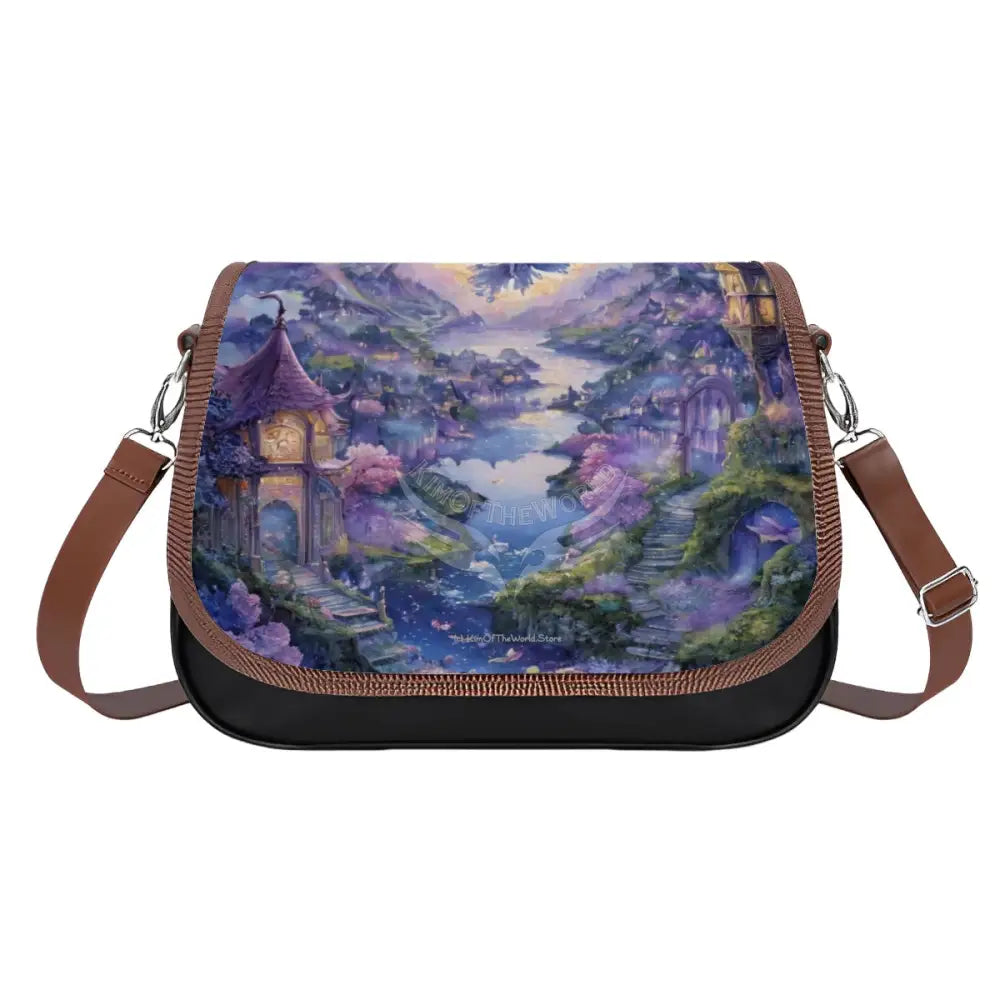Leather Shoulder Bag - Blue and Purple Fantasy River One Size Satchel