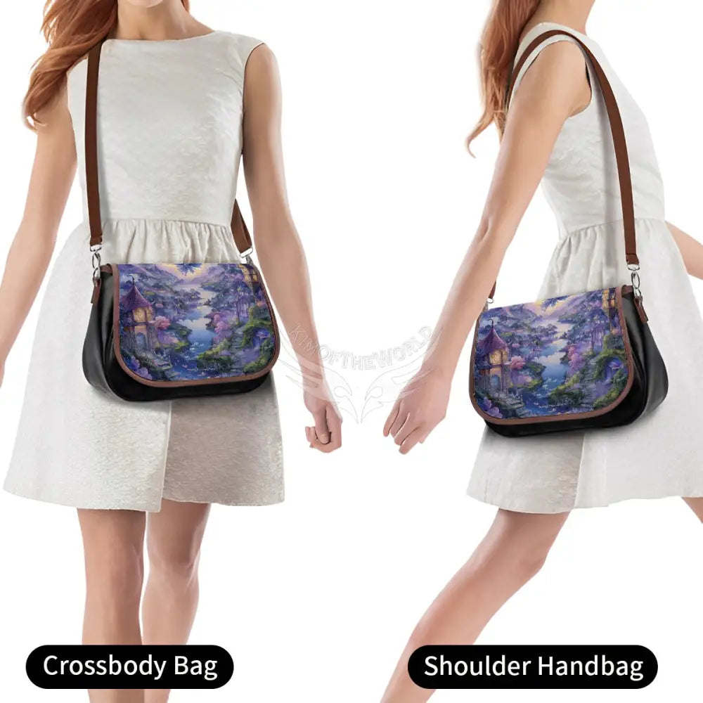 Leather Shoulder Bag - Blue and Purple Fantasy River One Size Satchel