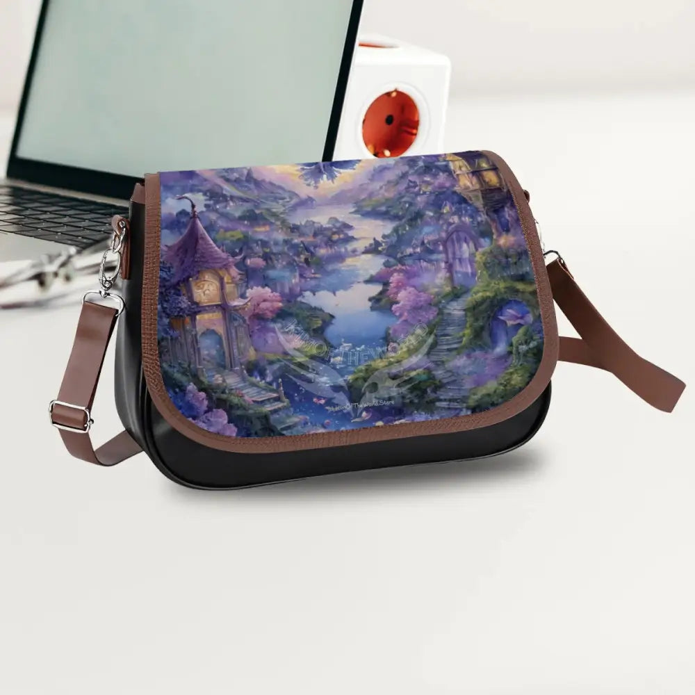 Leather Shoulder Bag - Blue and Purple Fantasy River One Size Satchel
