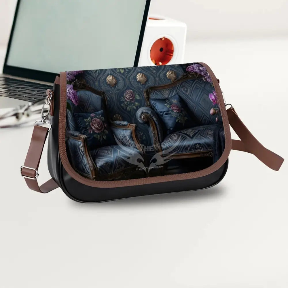 Leather Shoulder Bag - Blue Satin Floral Living Room One Size Satchel