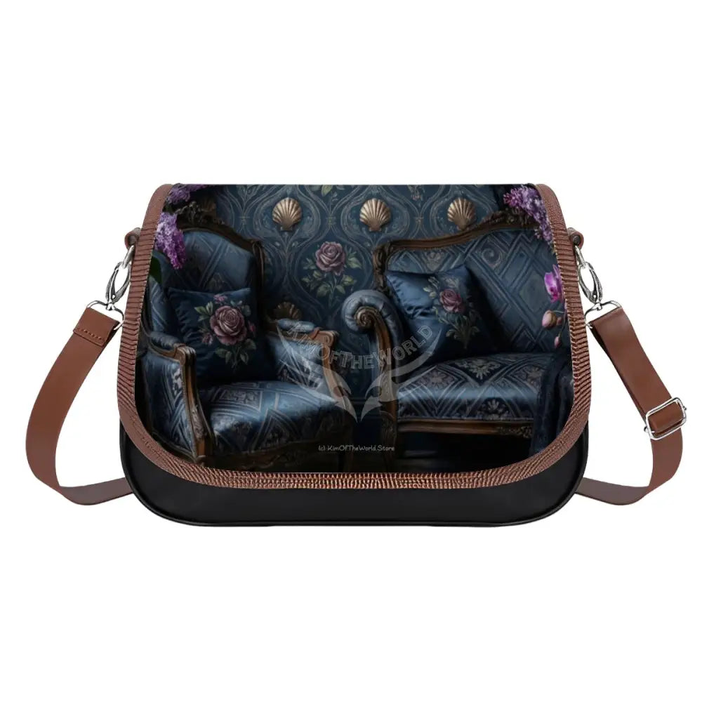 Leather Shoulder Bag - Blue Satin Floral Living Room One Size Satchel