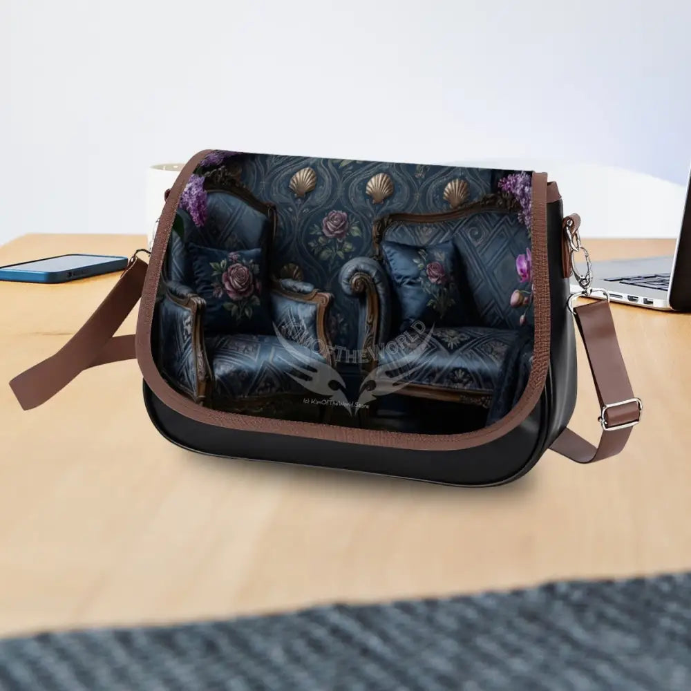 Leather Shoulder Bag - Blue Satin Floral Living Room One Size Satchel