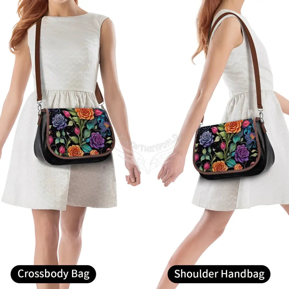 Leather Shoulder Bag - Floral Vibrant Vibes One Size Satchel