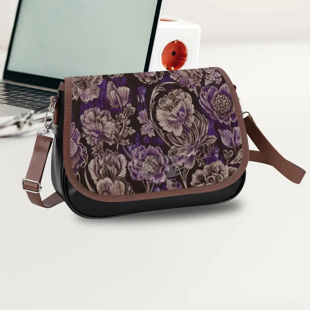 Leather Shoulder Bag - Inverted Floral Outline Purple Gold One Size Satchel