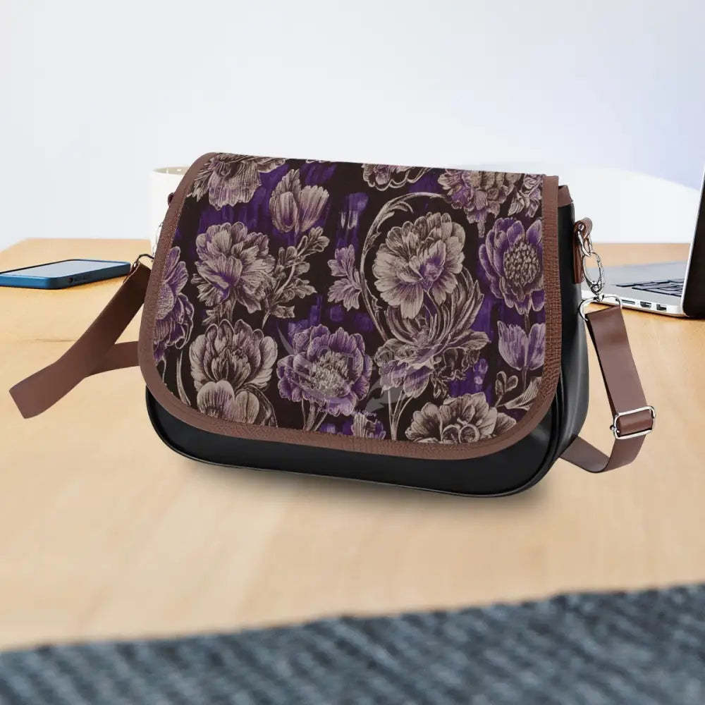 Leather Shoulder Bag - Inverted Floral Outline Purple Gold One Size Satchel