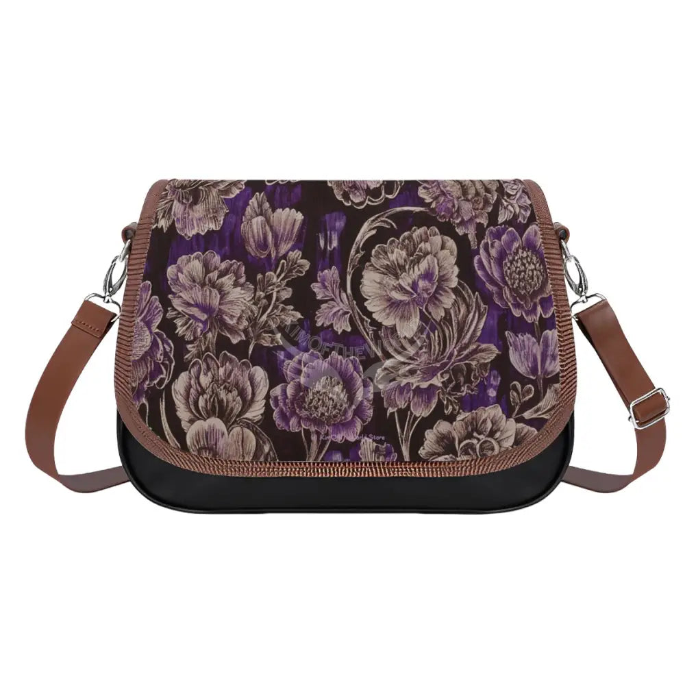 Leather Shoulder Bag - Inverted Floral Outline Purple Gold One Size Satchel