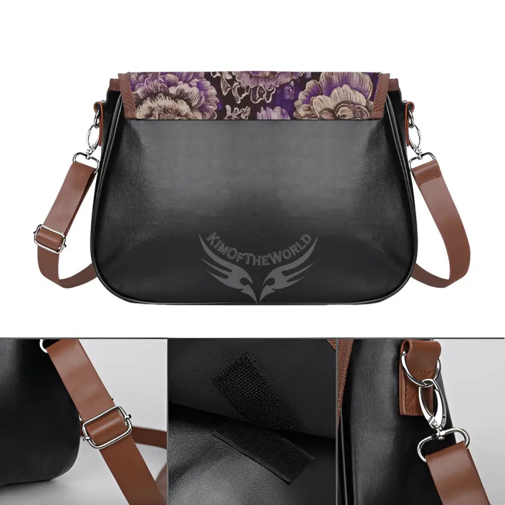 Leather Shoulder Bag - Inverted Floral Outline Purple Gold One Size Satchel