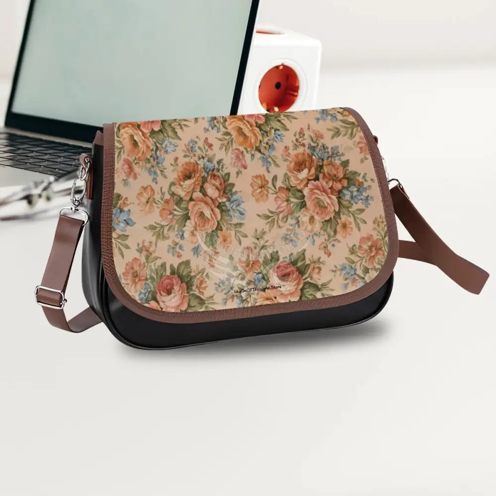Leather Shoulder Bag - Peach Floral Bouquets One Size Satchel