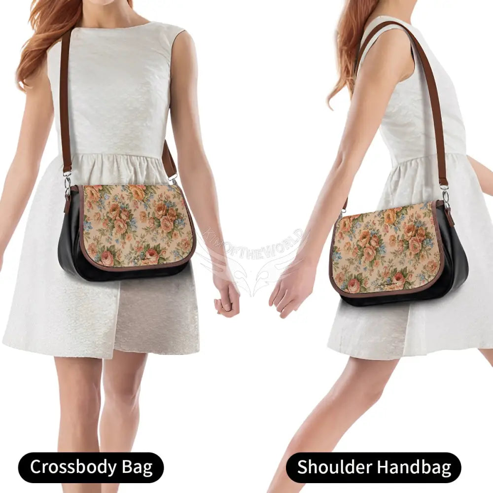 Leather Shoulder Bag - Peach Floral Bouquets One Size Satchel