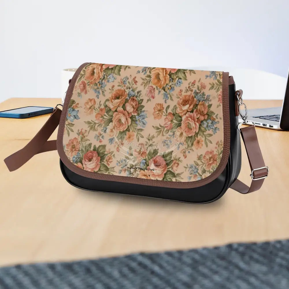 Leather Shoulder Bag - Peach Floral Bouquets One Size Satchel