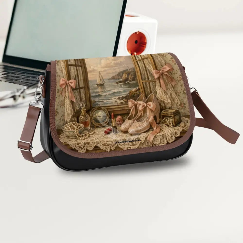 Leather Shoulder Bag - Quaint Vintage Girl’s Window Lace One Size Satchel