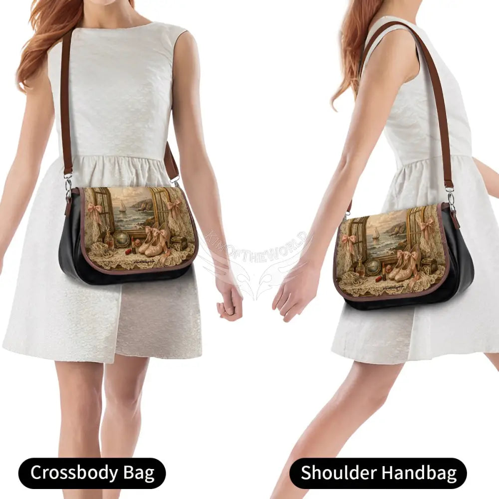 Leather Shoulder Bag - Quaint Vintage Girl’s Window Lace One Size Satchel