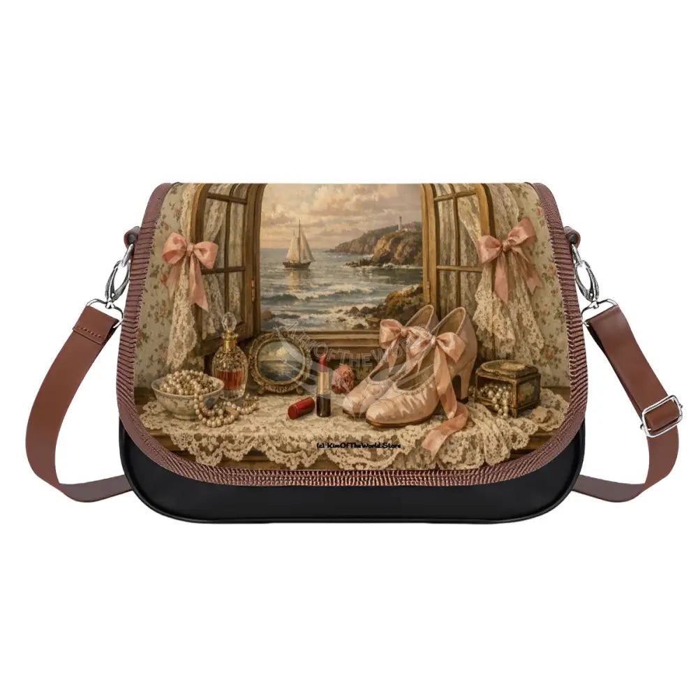 Leather Shoulder Bag - Quaint Vintage Girl’s Window Lace One Size Satchel