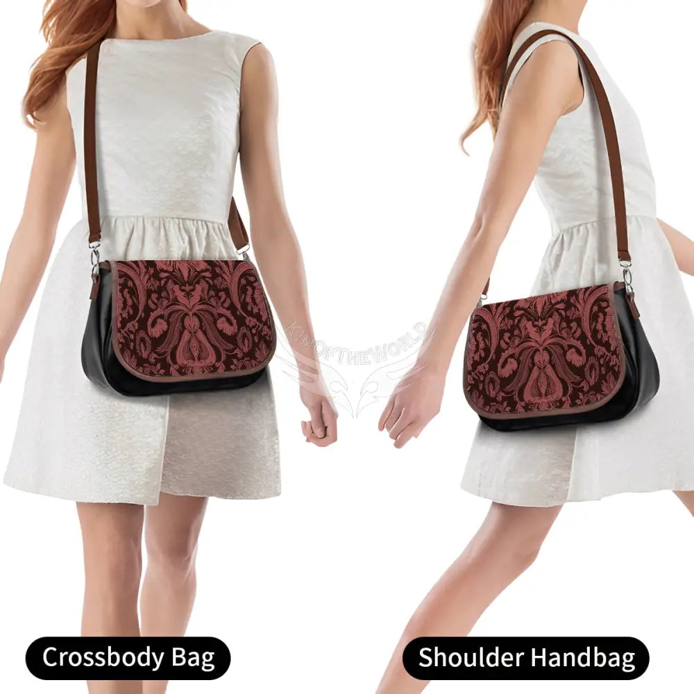 Leather Shoulder Bag - Red and Burgundy Damask One Size Satchel