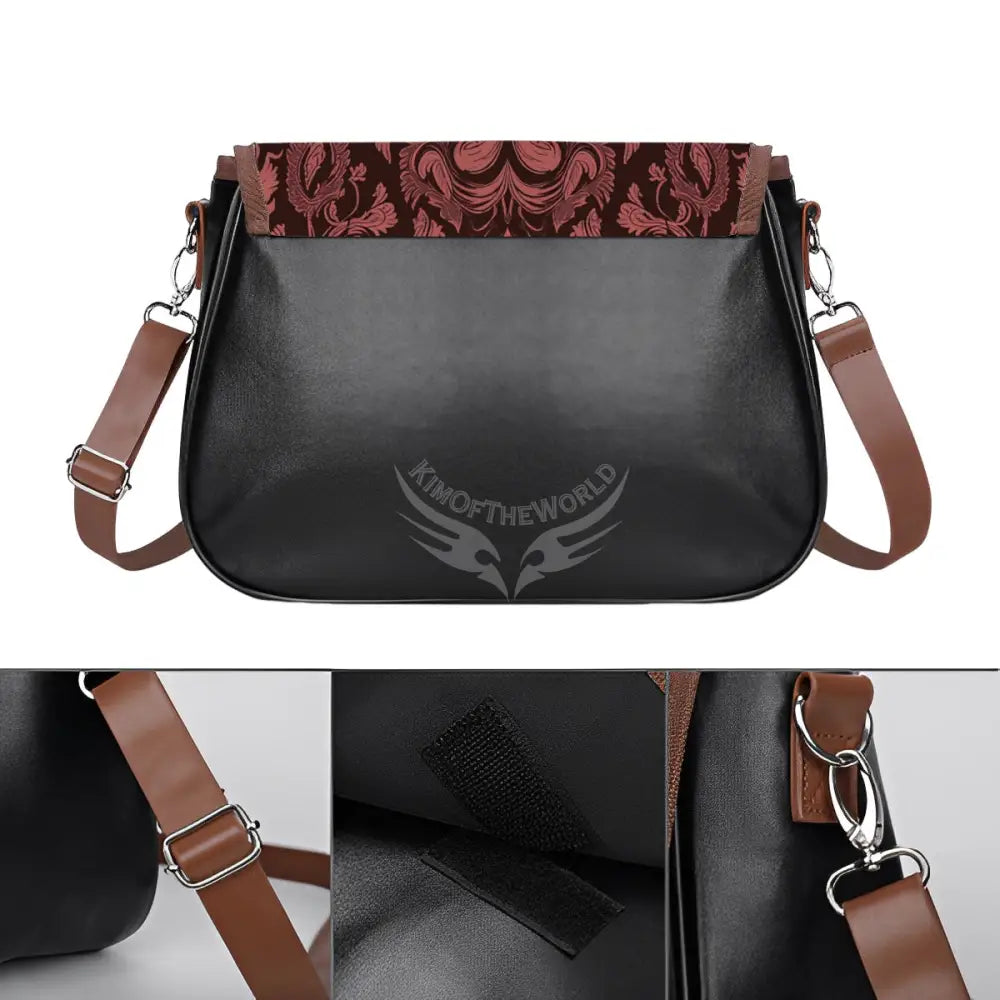 Leather Shoulder Bag - Red and Burgundy Damask One Size Satchel