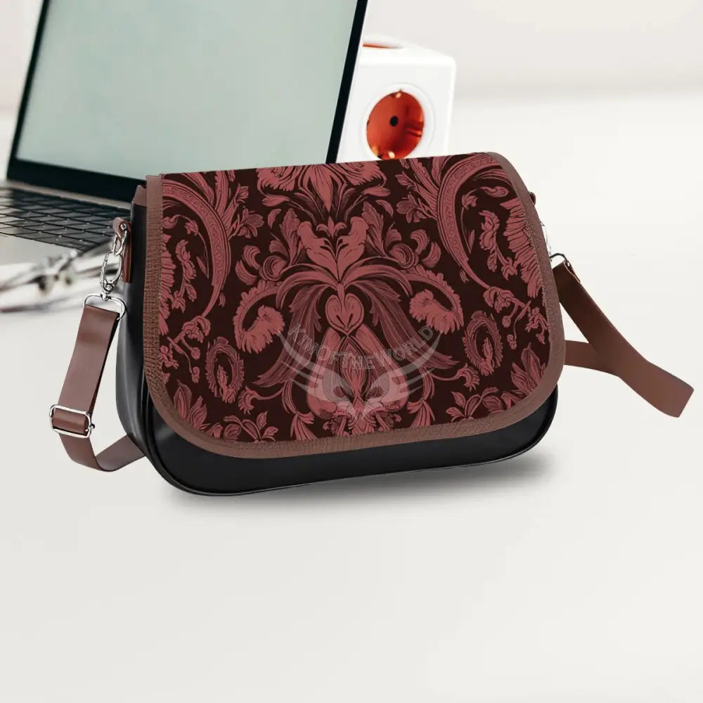 Leather Shoulder Bag - Red and Burgundy Damask One Size Satchel