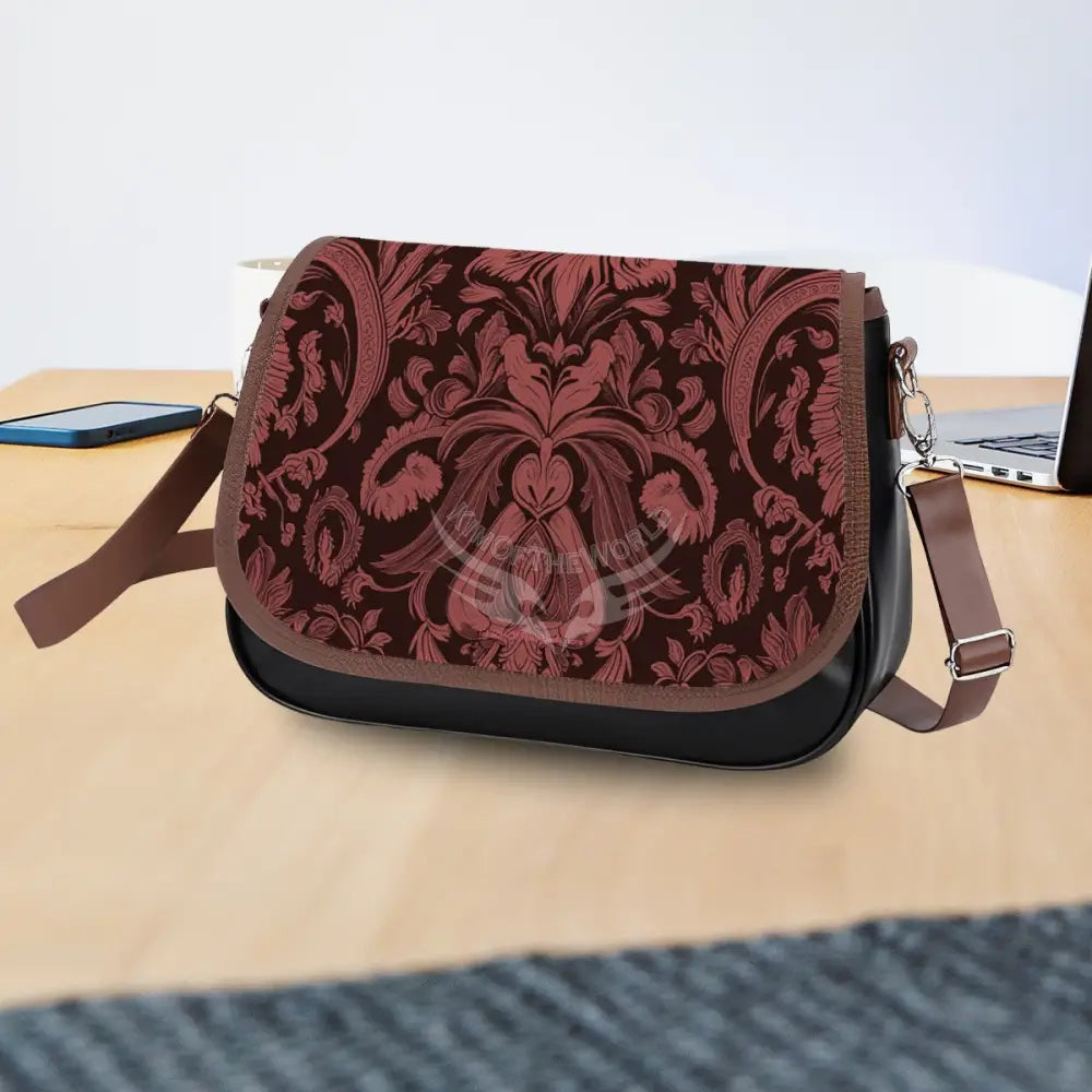 Leather Shoulder Bag - Red and Burgundy Damask One Size Satchel