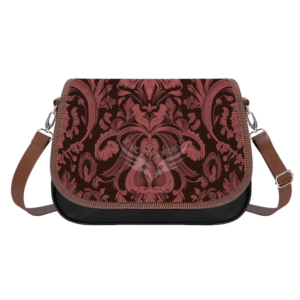 Leather Shoulder Bag - Red and Burgundy Damask One Size Satchel