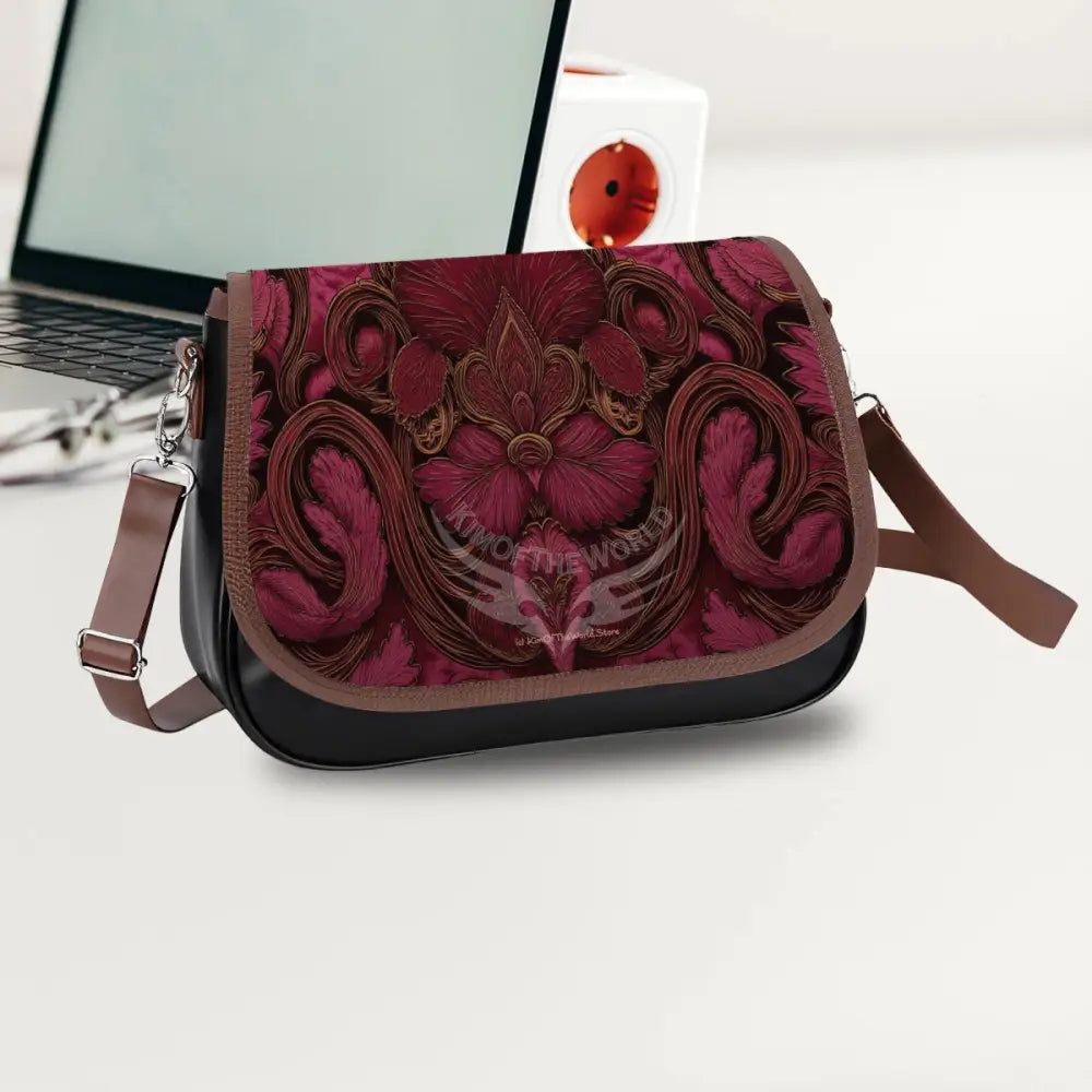 Leather Shoulder Bag - Red Burgundy Print One Size Satchel