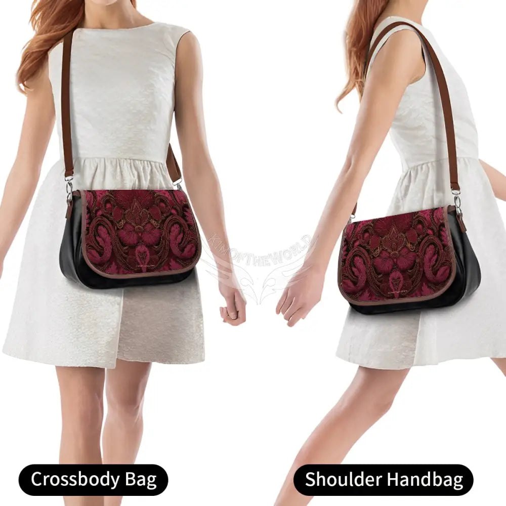 Leather Shoulder Bag - Red Burgundy Print One Size Satchel