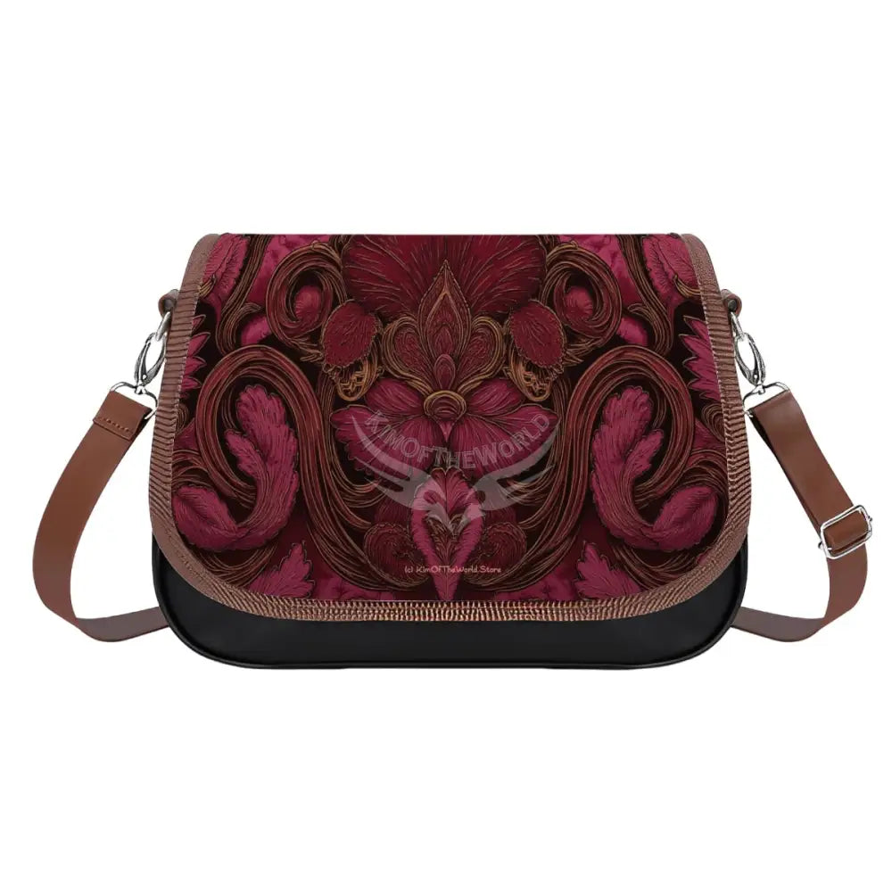 Leather Shoulder Bag - Red Burgundy Print One Size Satchel